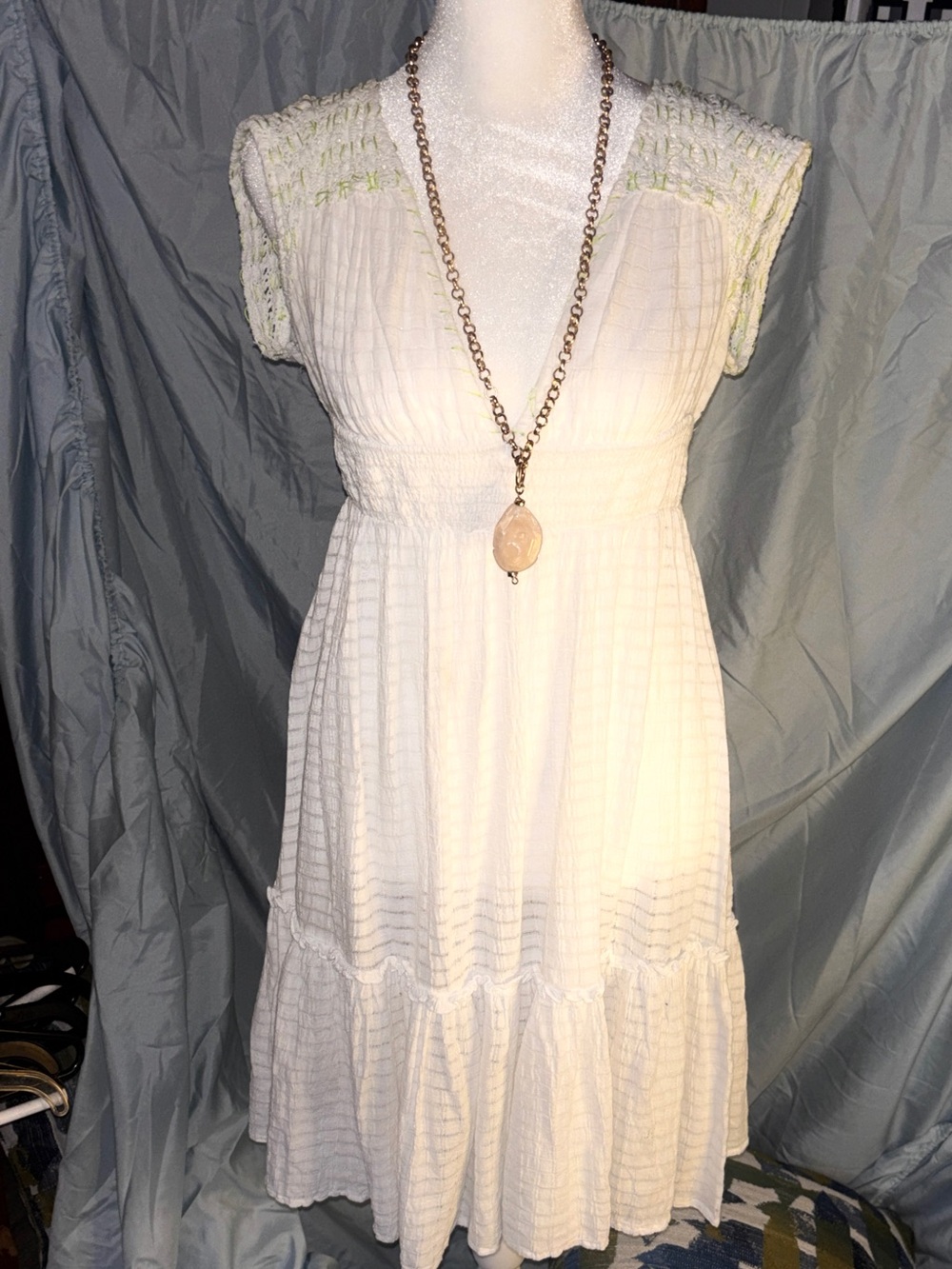Free People White Tiered Midi Dress with Cap Sleeves Boho Festival Romantic